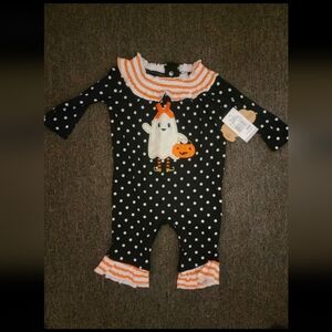 Baby Essential's Black Polka Dot Halloween Ghost Footie with Orange Trim